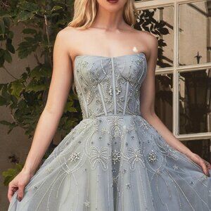 MIST COLOR PROM PARTY EVENING STRAPLESS BEADED A-LINE ARI RIBBON GOWN DRESS 1095